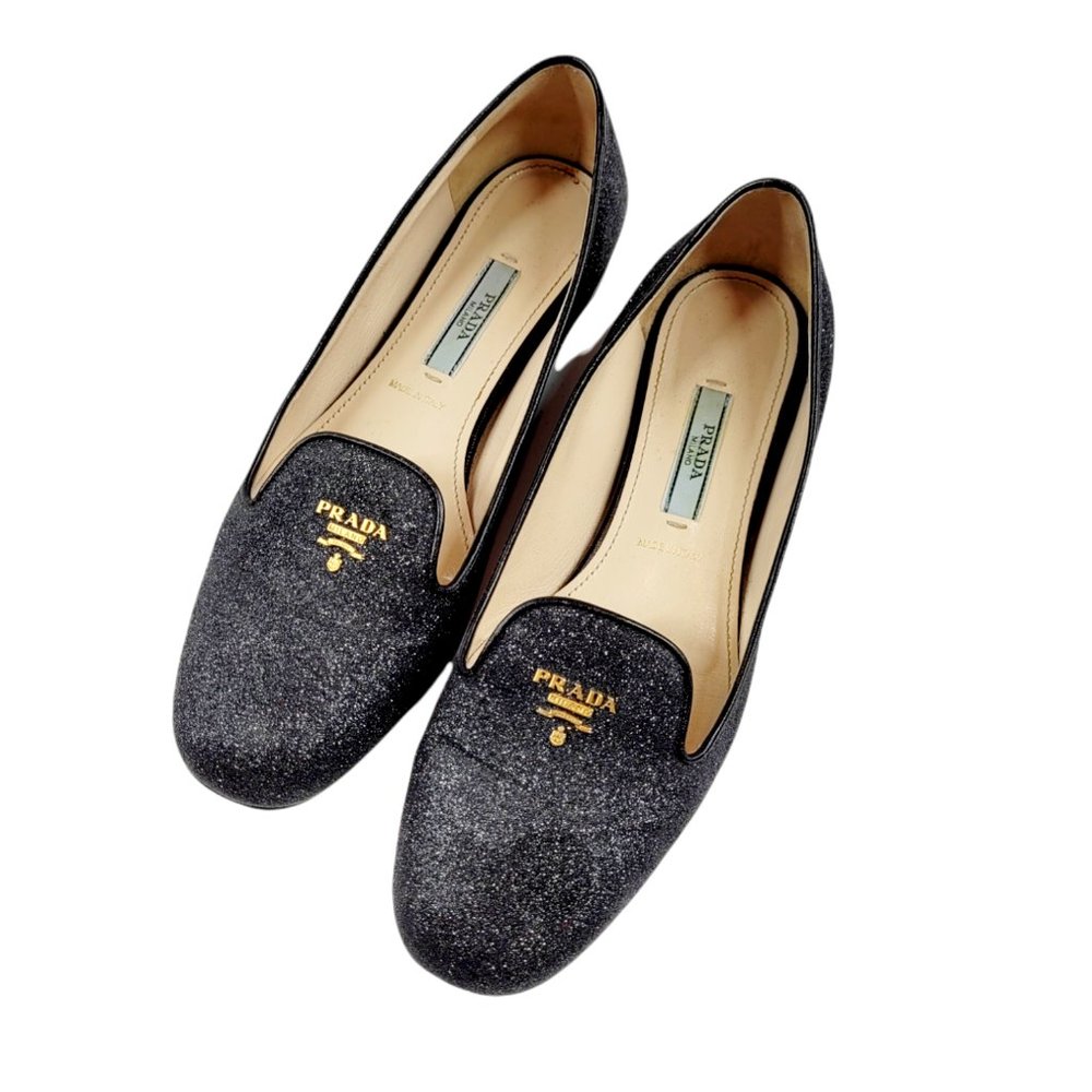 Prada Black Glitter Loafer Flats